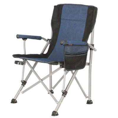 כיסא קמפינג מתקפל כחול על הצד